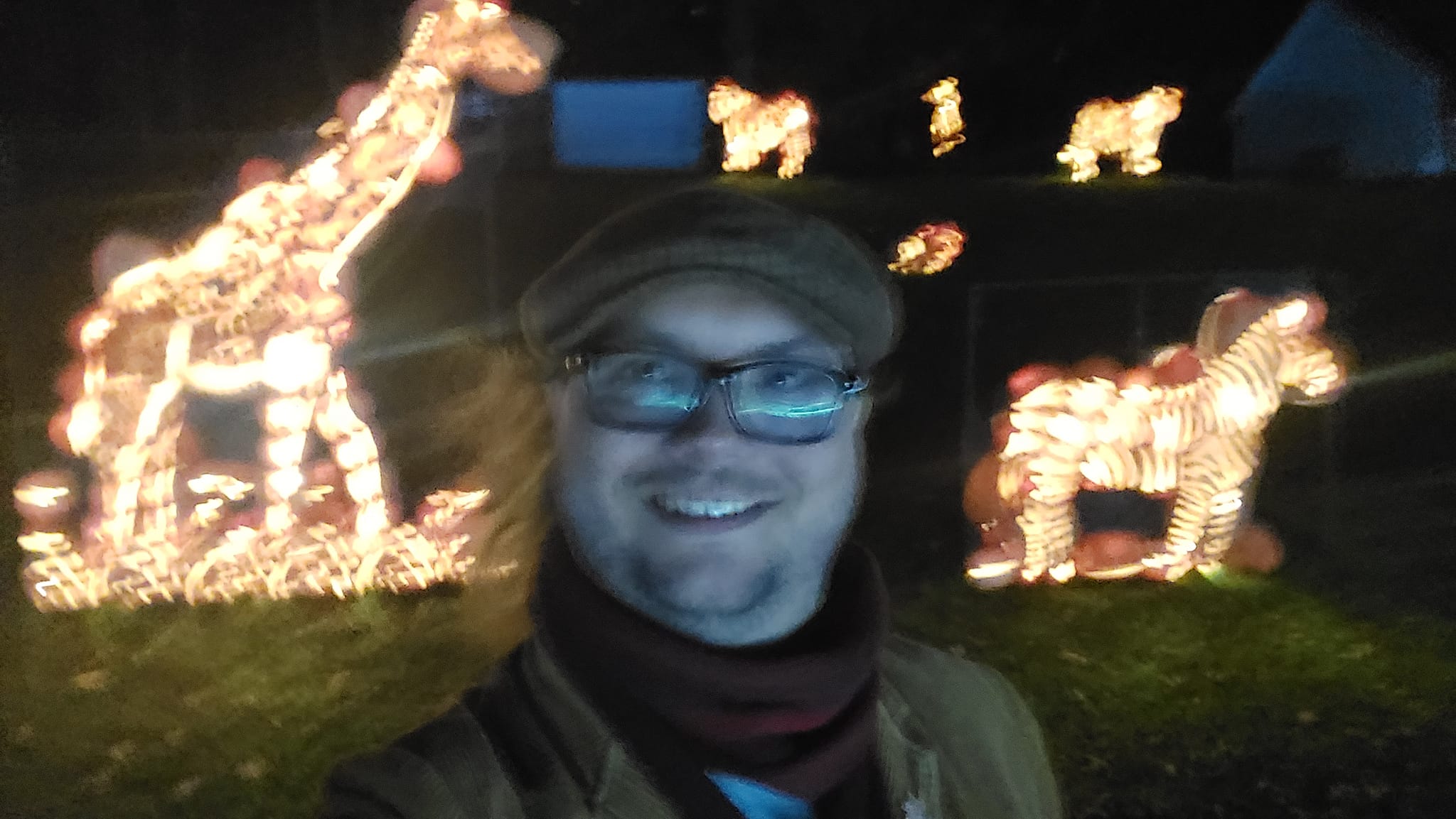 A blurry man stands in front of a giraffe and zebra made of jack-o-lanturns